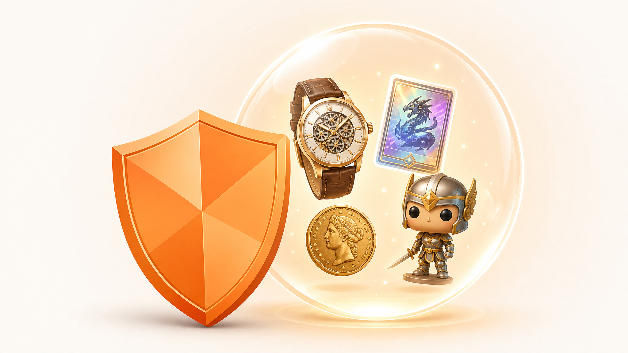 A protective shield guarding a curated collection of premium collectables — vintage watch, trading card, coin, and figurine — inside a glowing vault